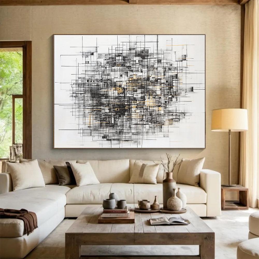 Black, White, Gray, Gold, Intersecting Lines "Gilded Urban Web" Abstract Expressionist Painting On Canvas HB124