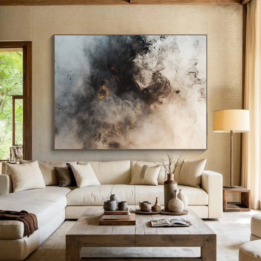 Black, Gray, White, Gold, Smoke - like Swirls "Mystic Mist" Abstract Ink - Inspired Painting On Canvas HB042