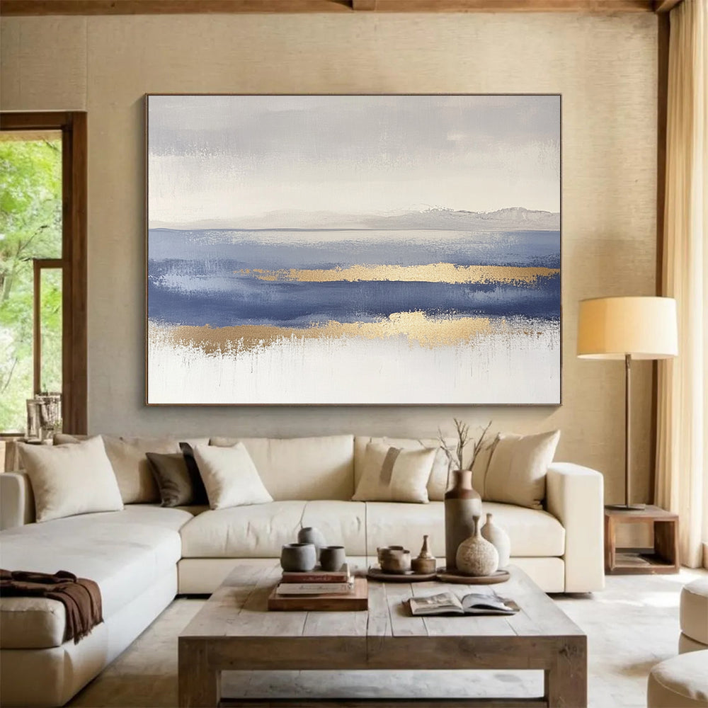 “Gray - Blue Abstract Horizon with Gold Accents” - Gray, Blue, Gold, Subtle Horizon Lines Painting On Canvas HB0853