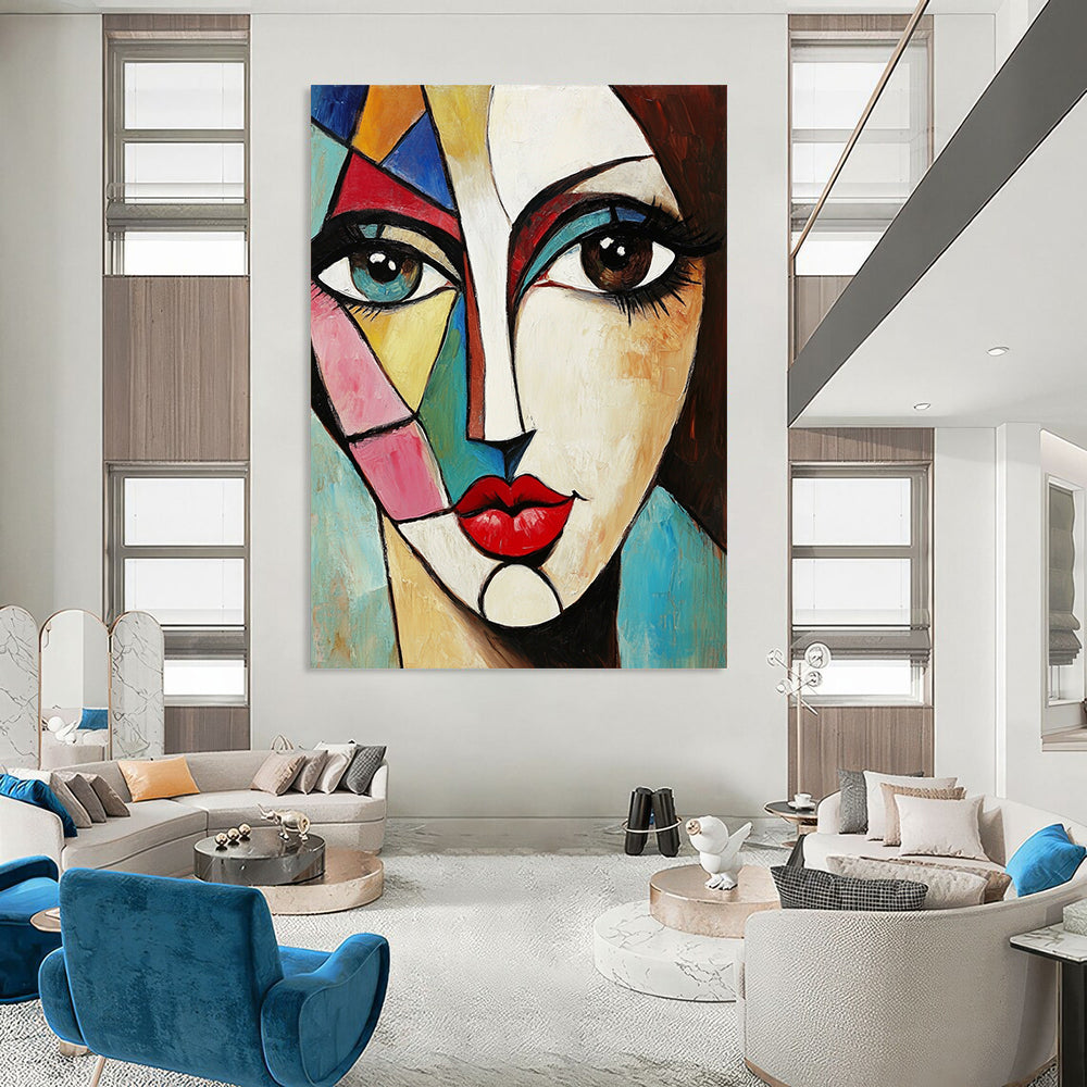 Contemporary abstract painting featuring a woman's face with large eyes vibrant geometric shapes red lips and brown hair on a square canvas. DLZ0376