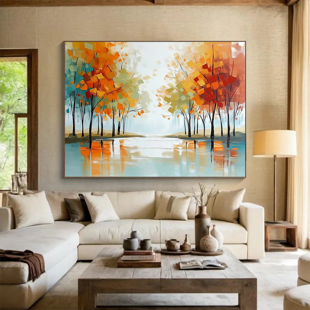 Abstract Autumn Trees Reflecting in Water - Modern Landscape Painting On Canvas HB0455