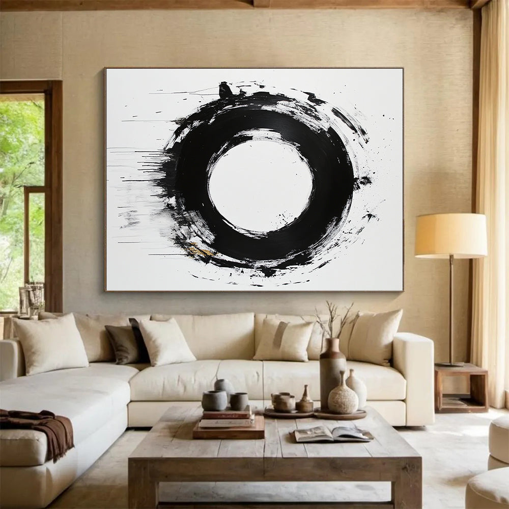 White, Black and Gold Abstract Circle "Expressive Enso" Painting On Canvas HB368