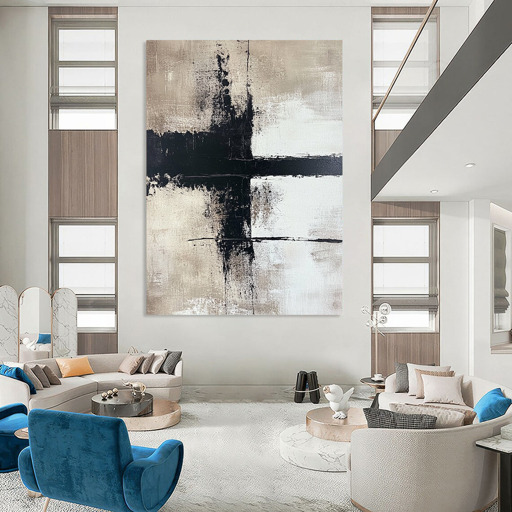 Large contemporary hand-painted abstract art featuring bold brushstrokes on a beige background with high contrast and a minimalist style creating strong visual impact. DLZ0507