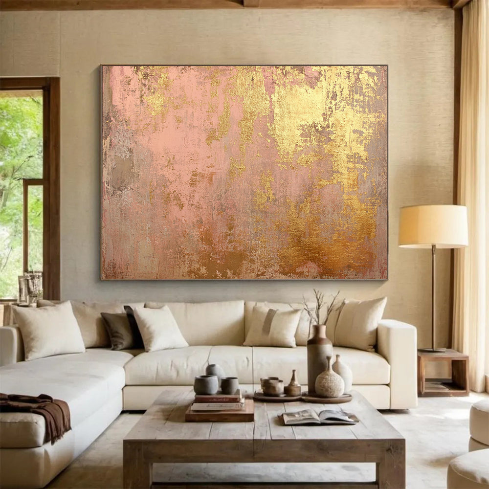 Pink & Gold Textured Background - Shabby - Chic Abstract Oil Painting On Canvas HB0481
