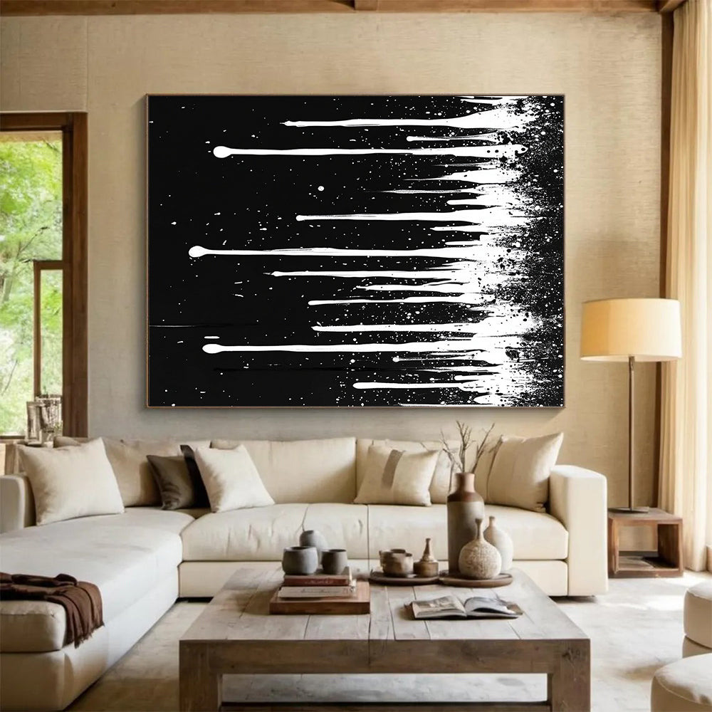 White Dripping Paint on Black "Celestial Drip" Painting On Canvas HB306