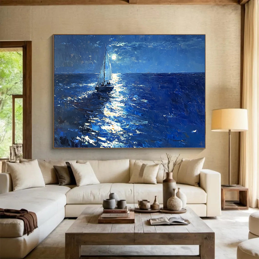 “Moonlit Sail on the Ocean” - Deep Blues, Silvers, Whites, Sailboat on Moonlit Sea - Luminist Oil Painting HB1695