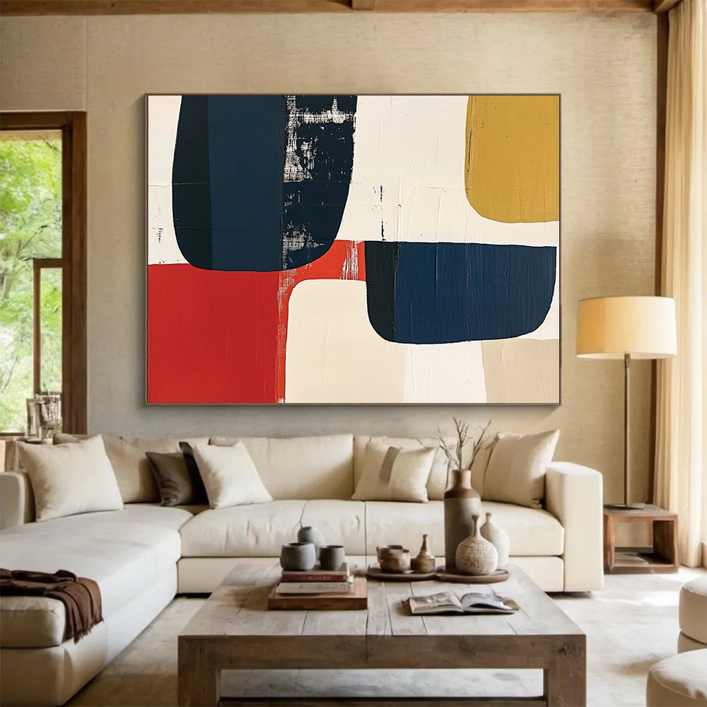 “Colorful Geometric Blocks” - Navy, red, beige, mustard, Abstract Geometric Painting HB0617