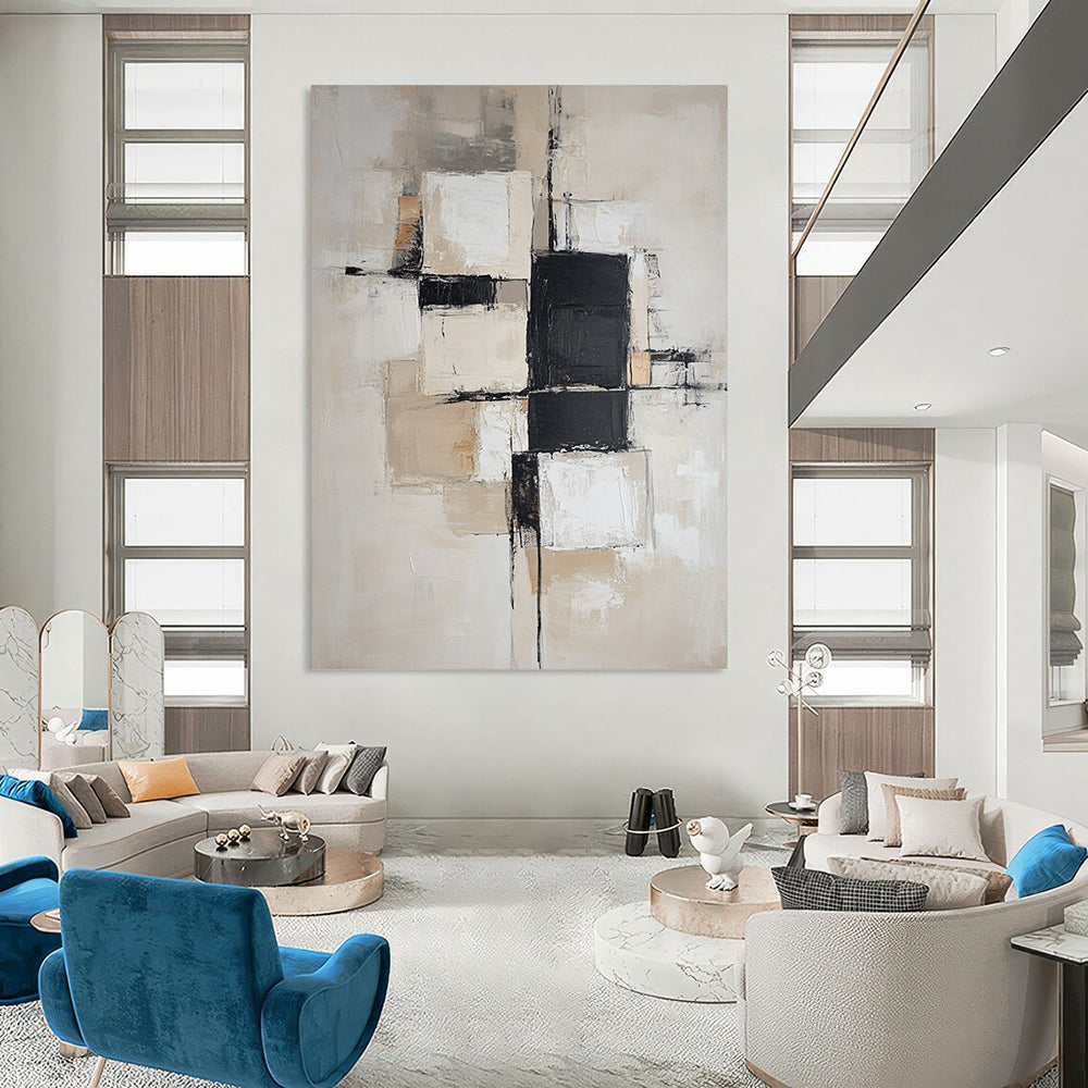 Contemporary hand-painted abstract art featuring soft beige and white blocks with black squares, designed with a neutral color palette and gentle edges. DLZ0517