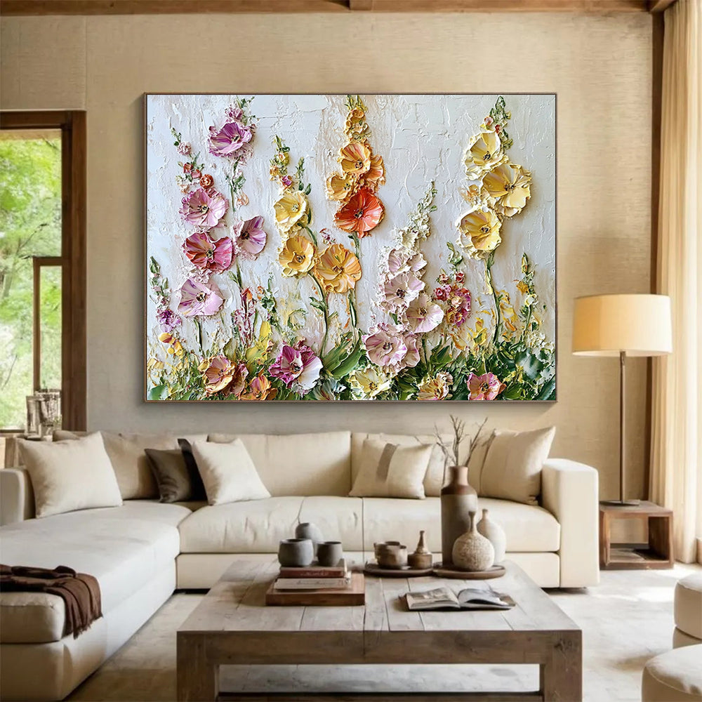 “Textured Floral Burst” - Pinks, Yellows, Purples, 3D Flower Relief - Palette Knife Floral Painting HB1558