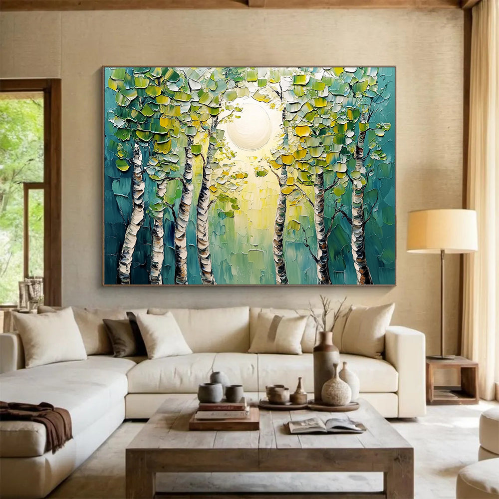 “Textured Forest Sunrise” - Green, Yellow, Blue, Textured Forest & Sun HB1133