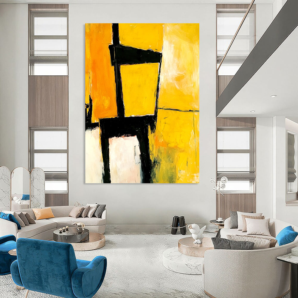 Contemporary abstract artwork showcasing an electrician's chair in vibrant yellow and black shades by Mariling & Jay Mead for a striking visual impact. DLZ0949