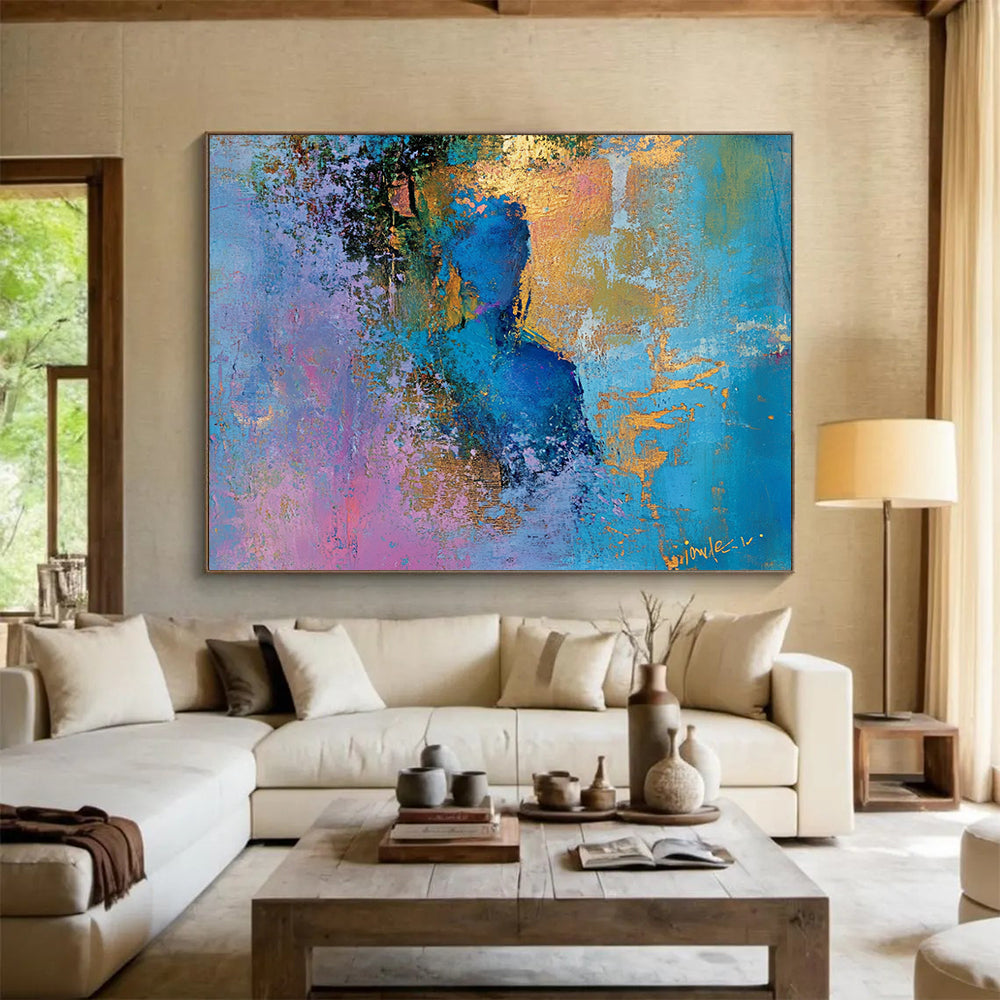 “Ethereal Blue Figure” - Blue, Purple, Gold, Abstract Portrait Painting On Canvas HB0999