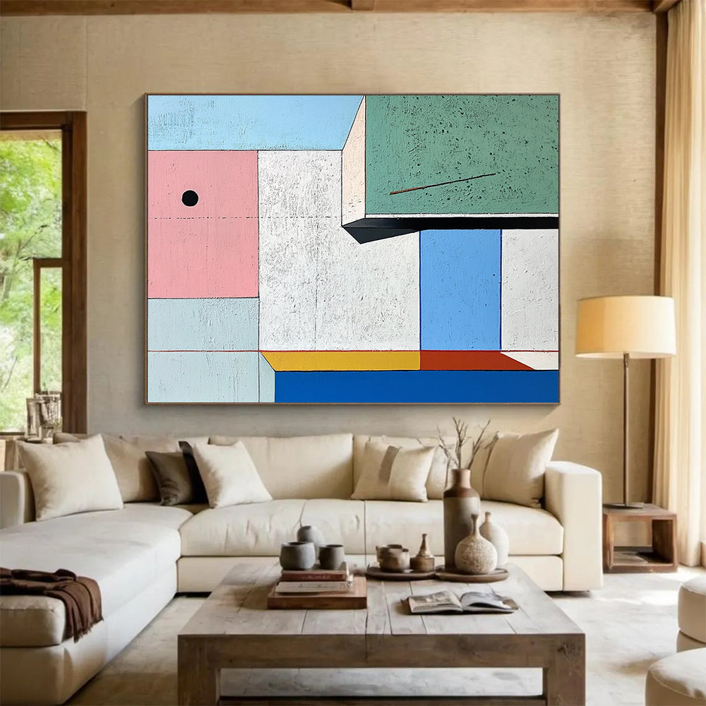 “Geometric Color Blocks” - Pink, Green, Blue, Cubist Geometric Painting On Canvas HB0707
