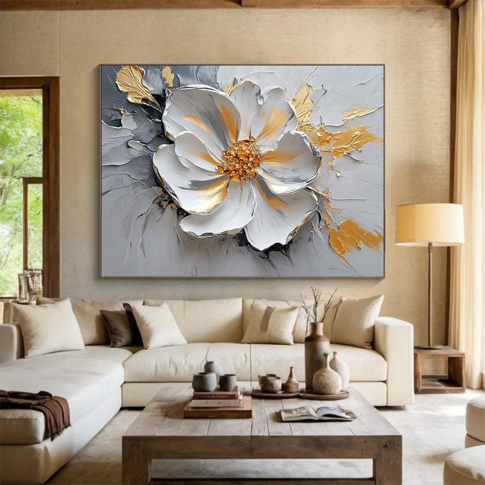 “Textured Floral Elegance” - Gray, White, Gold, 3D - like Abstract Flower Painting On Canvas HB1083