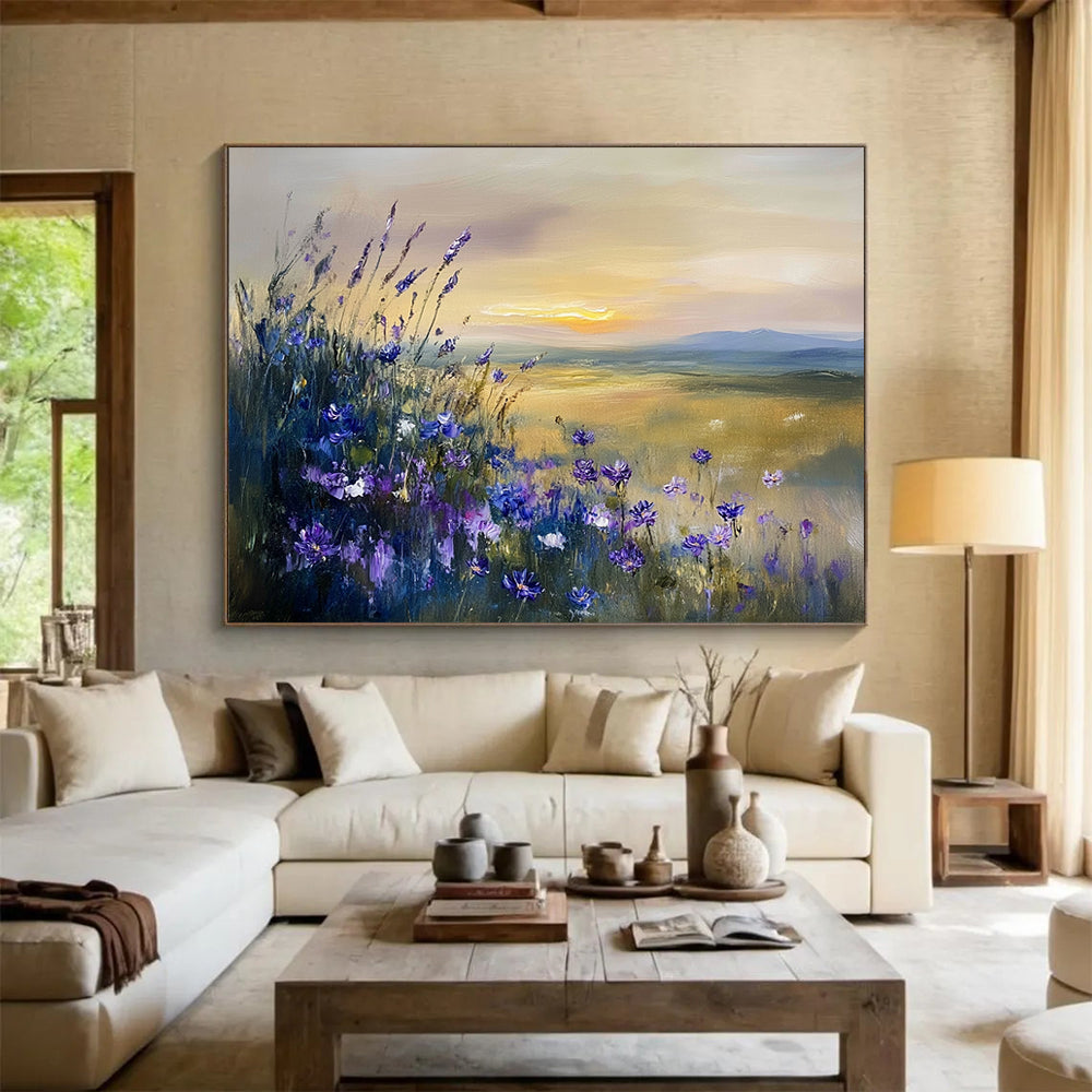 “Purple Wildflower Sunset” - Purple, Yellow, Blue, Wildflowers and Sunset Landscape Painting On Canvas HB0946