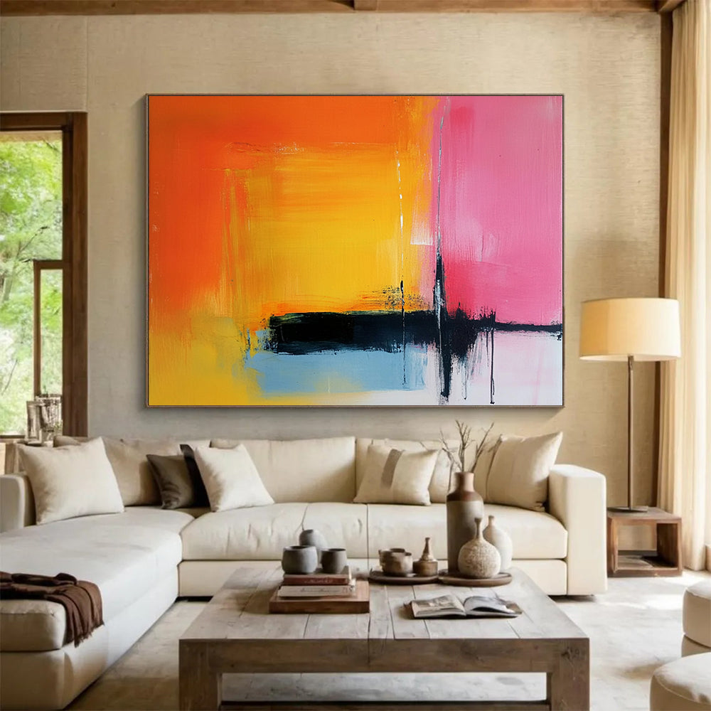 “Orange, Pink, and Blue Abstract Color Blocks” - Orange, pink, blue, yellow, black; Abstract color blocks with drips; Acrylic Painting On Canvas HB1225