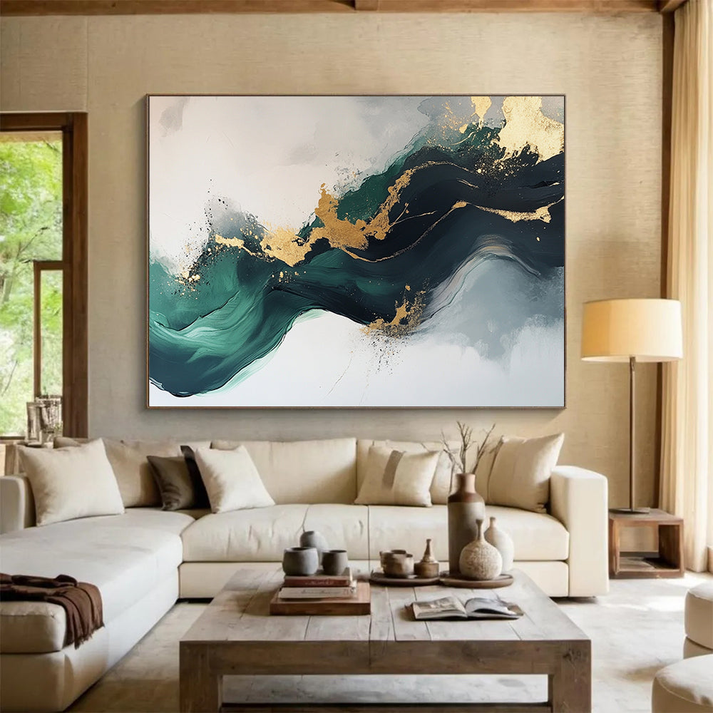 “Elegant Gold and Green Abstract Flow” - Green, gold, gray, white; Abstract fluid shapes with gold accents; Acrylic Painting On Canvas HB1240