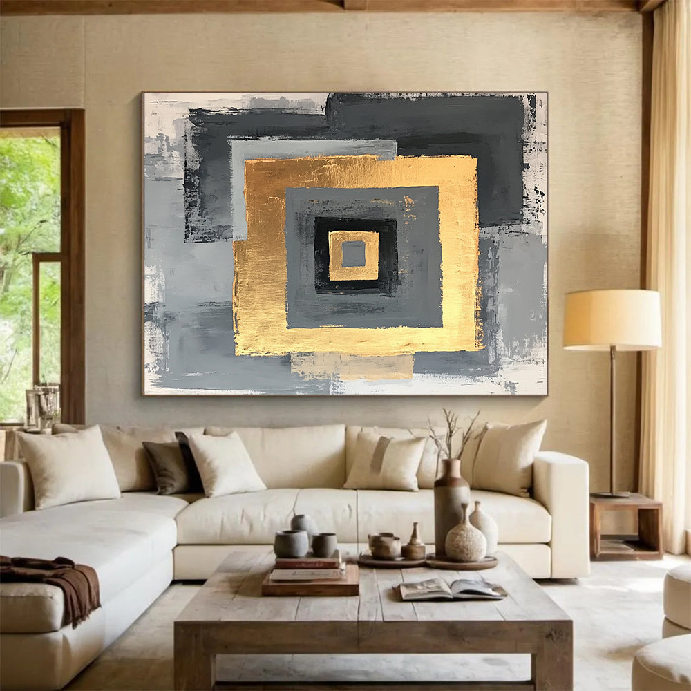 Gray, Black, Gold and White Geometric Squares "Nested Squares" Painting On Canvas HB347