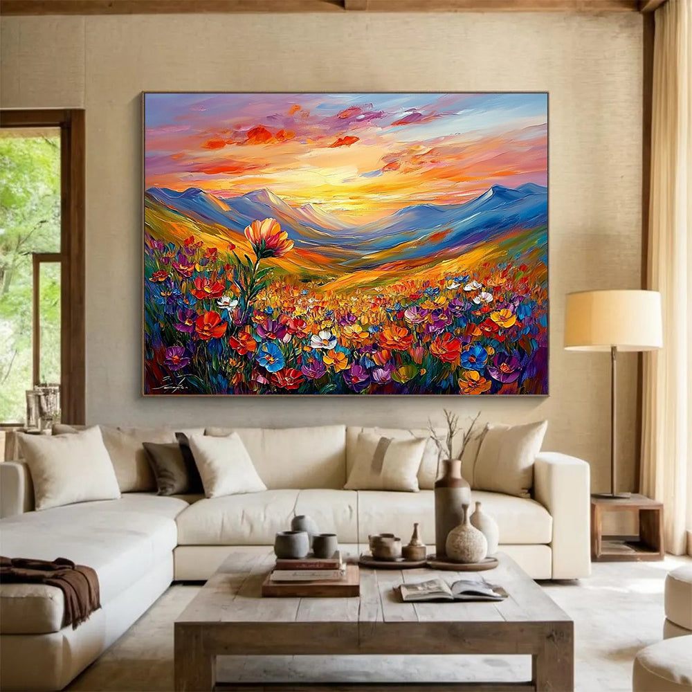 “Sunset Mountain Flower View” - Colorful, Mountains, Flowers, Sunset Painting On Canvas HB0748