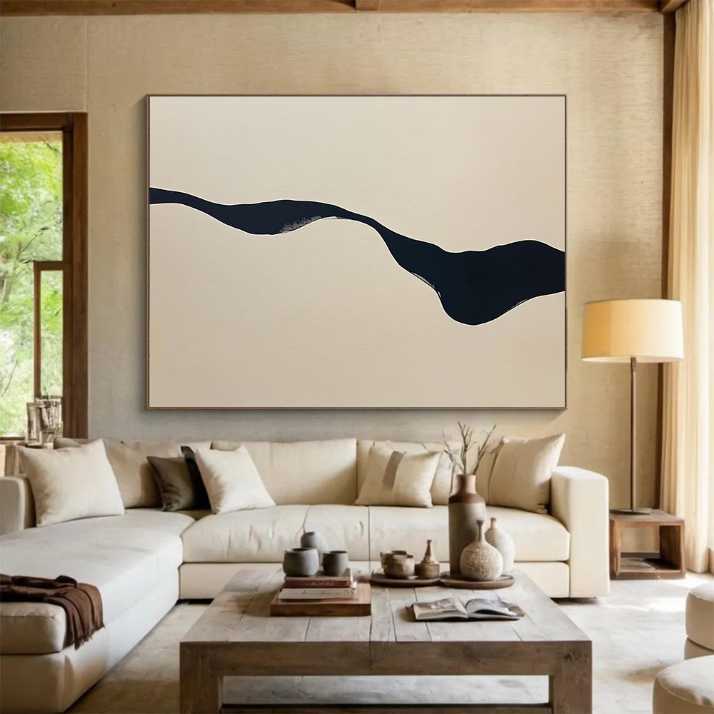“Irregular Black Stream on Beige” - Black, Beige, Wavy Irregular Form - Abstract Acrylic Painting HB1667