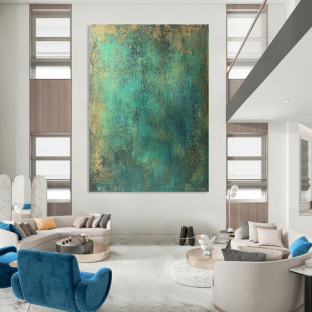 Large contemporary abstract painting featuring textured green metal tones with blue-green and brown speckles evoking strength and history reminiscent of ancient copper armor. DLZ1164