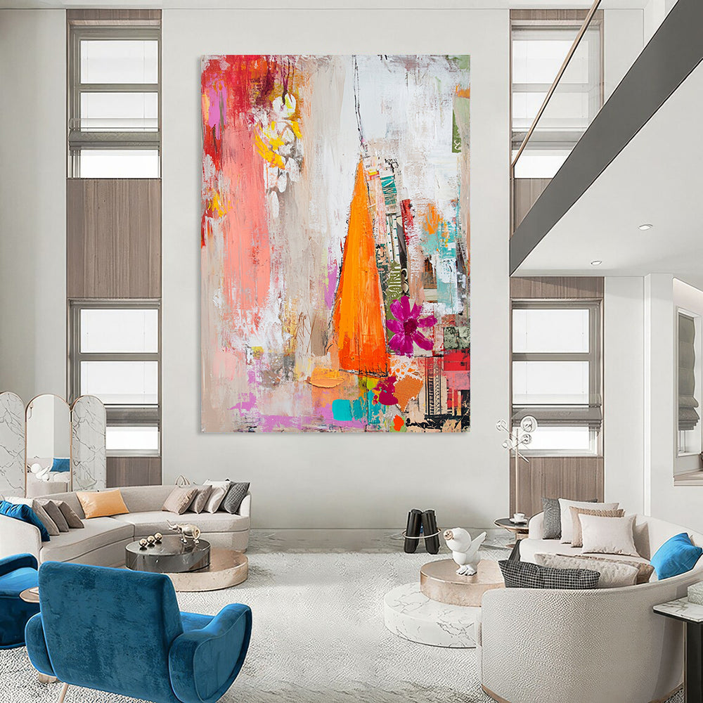 Contemporary abstract painting featuring textured brushstrokes of white reds pinks oranges and yellows with a dreamy collage of floral magazine clippings. DLZ1274
