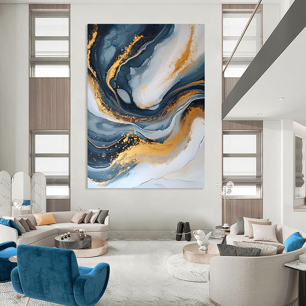 Contemporary hand-painted abstract artwork features dark blue and gold with a crackle effect elegant swirling patterns and glitter accents create depth and beauty. DLZ0329