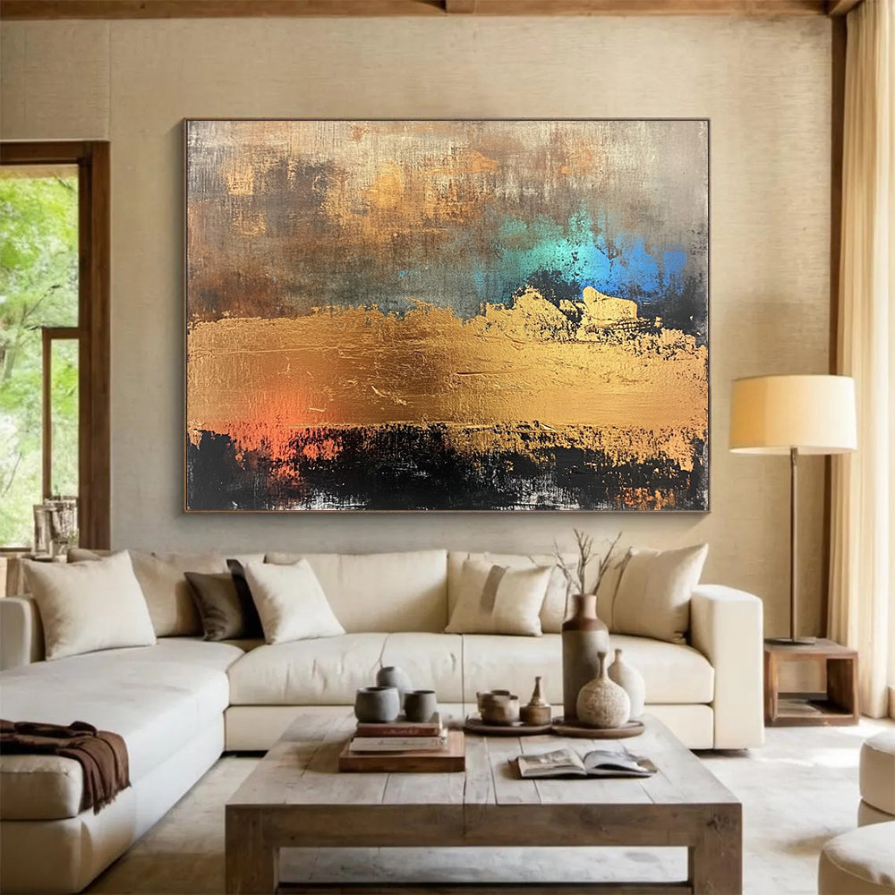 “Gold - Teal Abstract Textures” - Gold, Teal, Abstract Textured Painting On Canvas HB1107