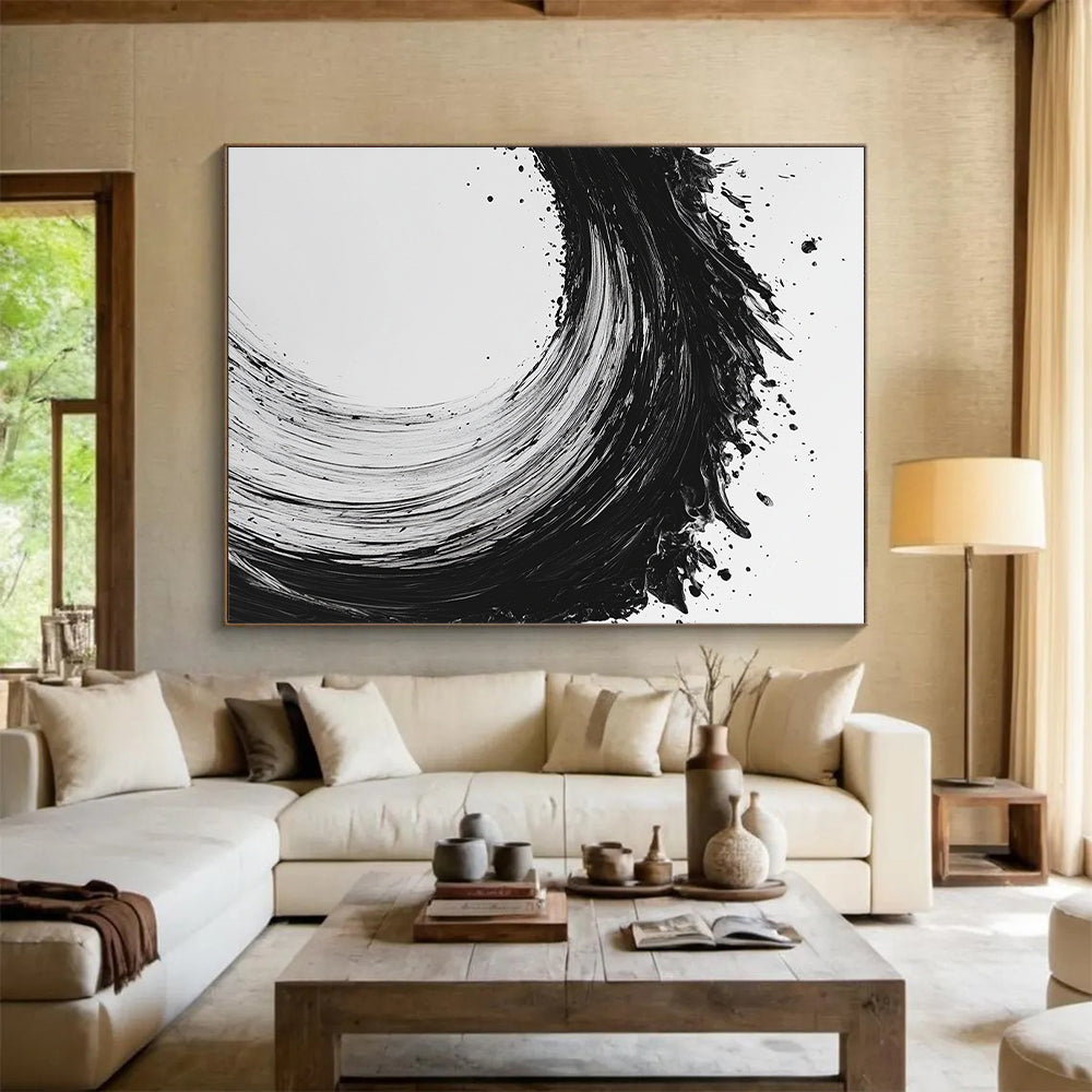 Black and White Dynamic Wave "Energetic Surge" Painting On Canvas HB282