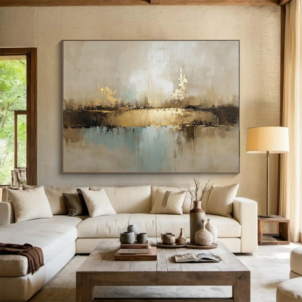 “Neutral Tones Abstract Landscape” - Beige, Gold, Blue, Textured Horizons, Abstract Landscape Painting On Canvas HB0898