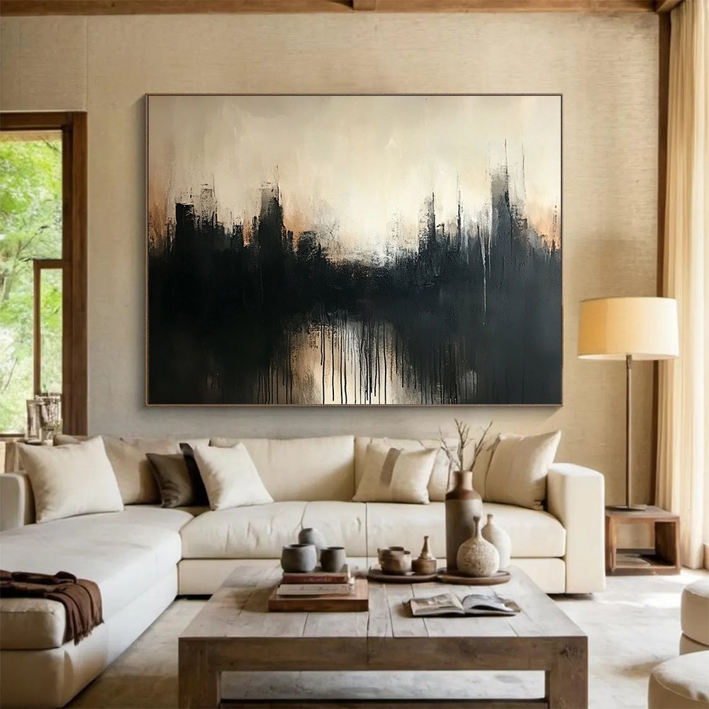 “Misty City Silhouette” - Black, Gray, Beige, Abstract Hazy Cityscape Painting On Canvas HB1077