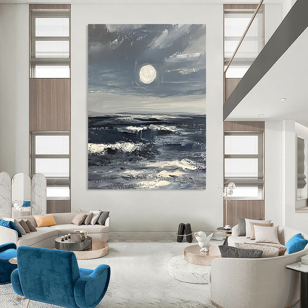 Large contemporary abstract artwork featuring a minimalist moonrise over a stormy ocean in gray and white with thick impasto brush strokes. DLZ1110
