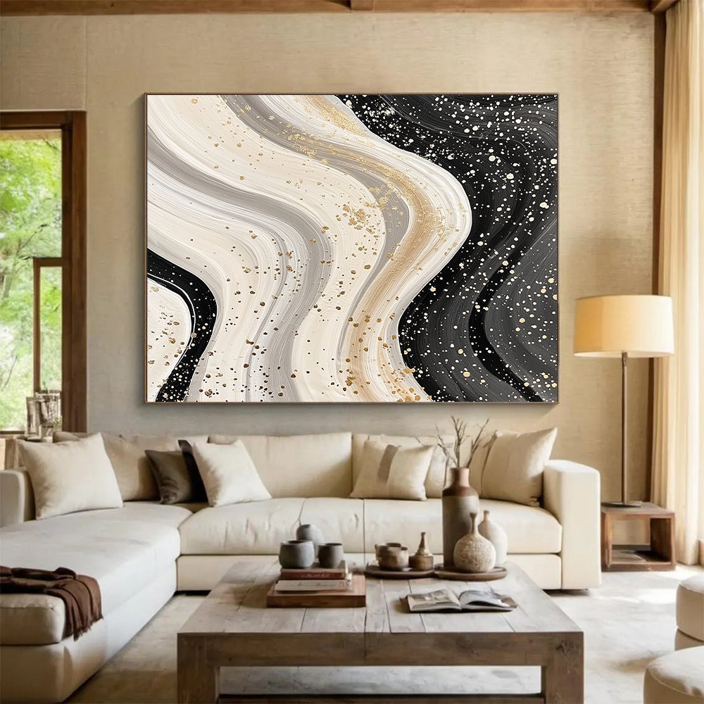 Black, White & Gold Swirling Waves - “Luxe Fluid Motion” Painting On Canvas HB210