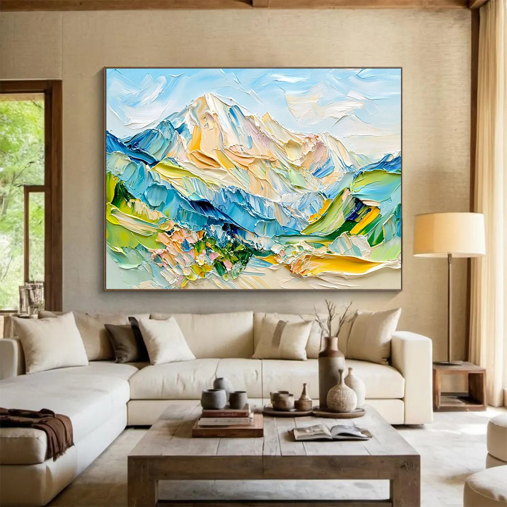 “Color - Drenched Alpine Vistas” - Blue, Green, Yellow, Pink, Lively Mountainscape Painting On Canvas HB1021