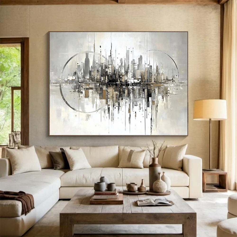 “Abstract Cityscape Reflection” - Gray, Beige, City, Reflection Painting On Canvas HB0765