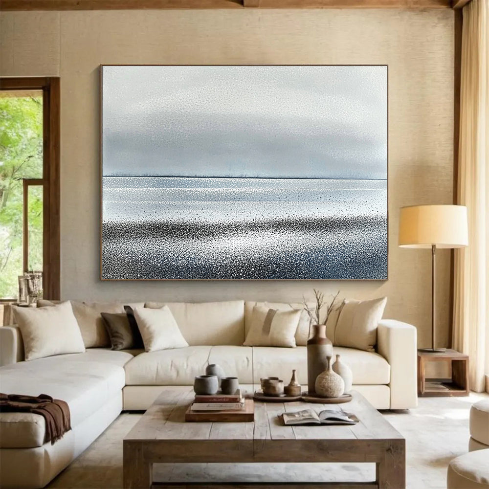 “Silver - Gray Dotted Horizon” - Silver, Gray, Dotted Coastal Lines Painting On Canvas HB0788