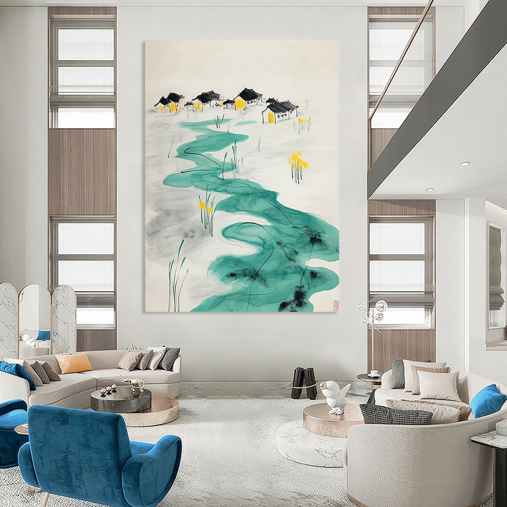 Contemporary hand-painted abstract art features turquoise ripples leading to village houses with yellow figures at an oasis surrounded by serene water lilies. DLZ1565