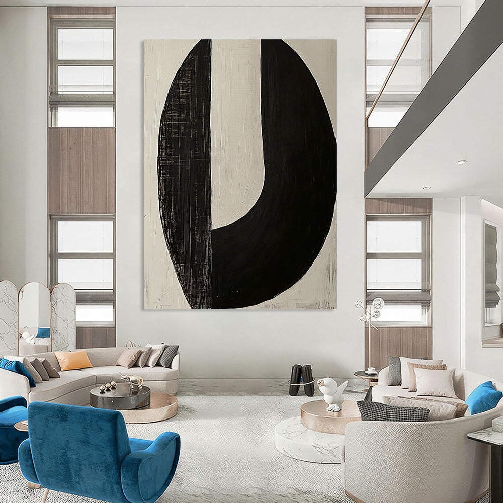 Contemporary large abstract painting featuring two minimalist axe-shaped forms in striking black and white tones for a bold artistic statement. DLZ1548