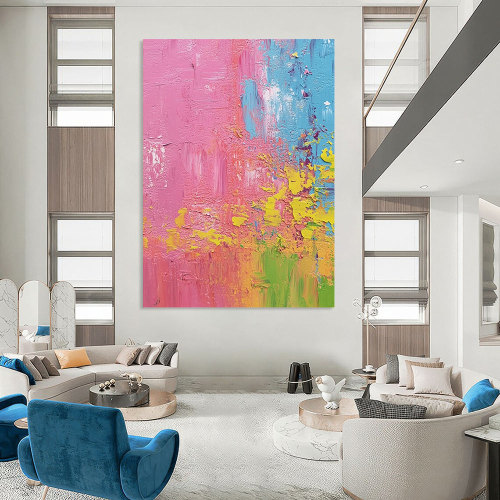 Contemporary hand-painted abstract artwork featuring pink lime green and blue highlights in a textured farmhouse scene that captures the essence of springtime. DLZ0783