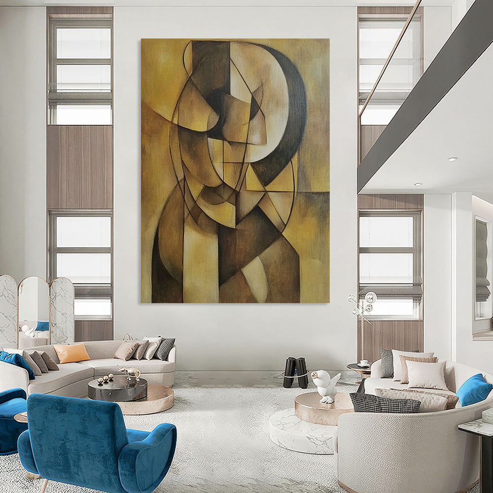 Contemporary hand-painted abstract artwork featuring geometric shapes and earthy tones on a muted yellow background, emphasizing depth and simplicity. DLZ1238