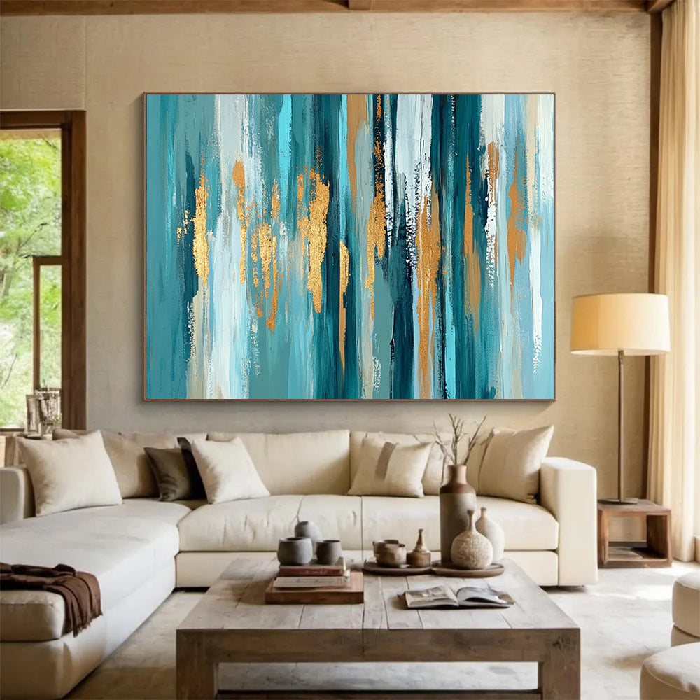 “Teal Gold Vertical Streaks” - Teal, gold, white, beige; Vertical abstract streaks with gold accents HB1289