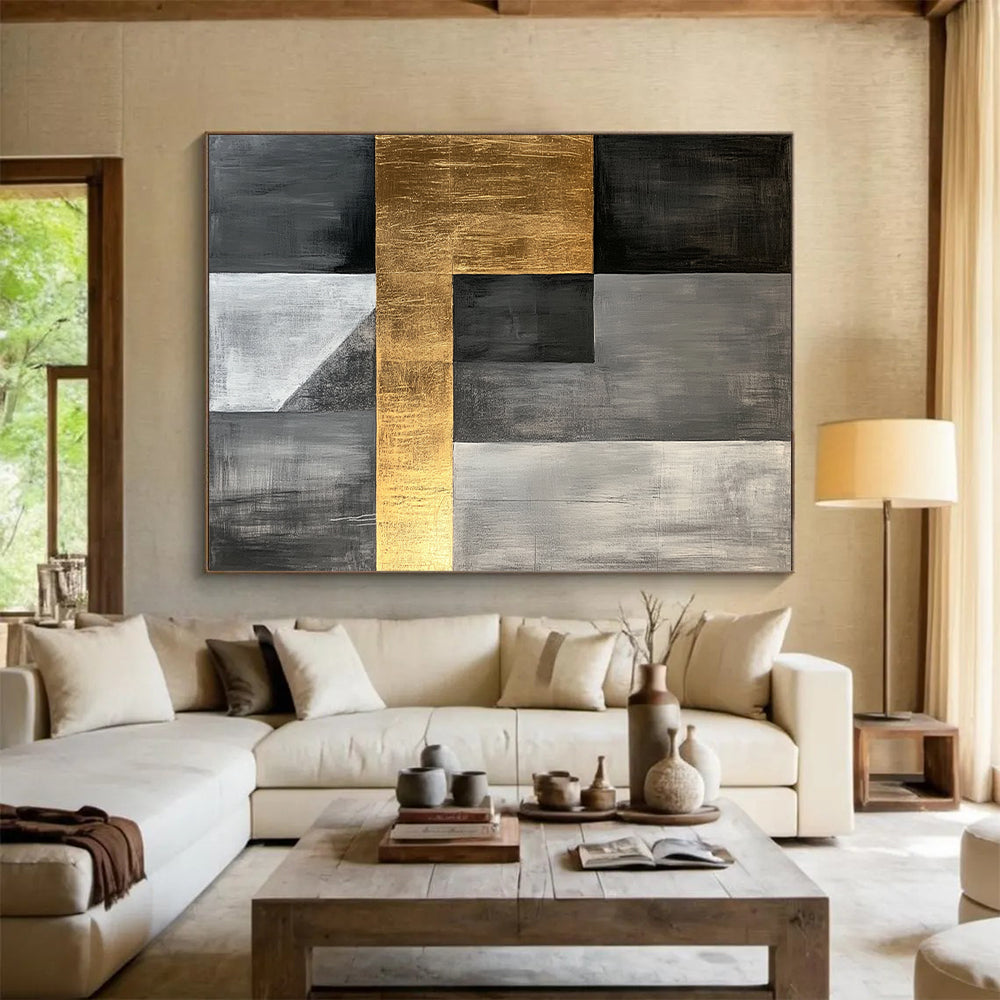 Gray, Black, Gold and White Geometric Fusion "Sophisticated Union" Painting On Canvas HB360