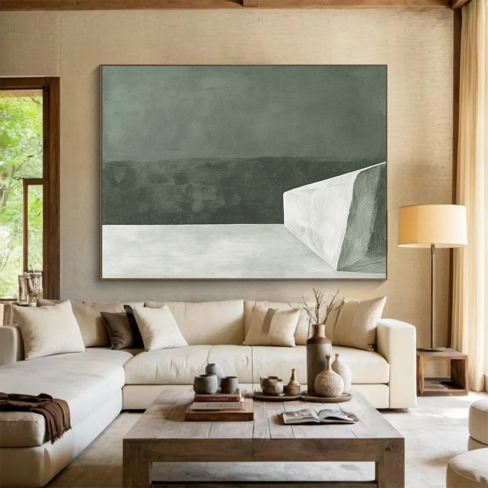 “Monochrome Minimalist Block” - Dark green backdrop with a stark white geometric form, Minimalist Abstract Painting On Canvas HB0537