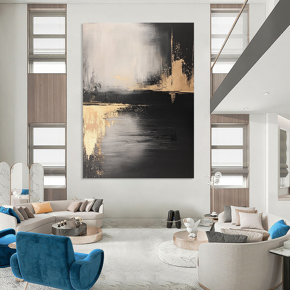 Contemporary abstract art featuring a monochromatic palette of black and gold with textured brush strokes and subtle contrasts of light and shadow. DLZ0296