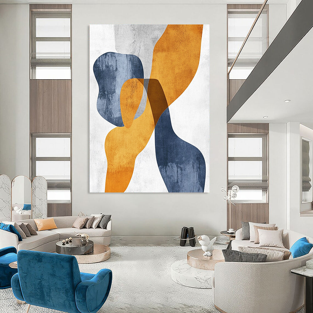 Contemporary hand-painted abstract art featuring organic shapes in mustard yellow and bluish-grey with touches of burnt orange on textured paper. DLZ0501