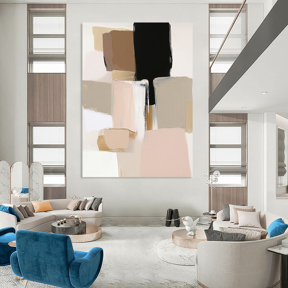 Contemporary abstract artwork featuring neutral tones with blush pink beige and sage green accents highlighted by thick brush strokes. DLZ0489