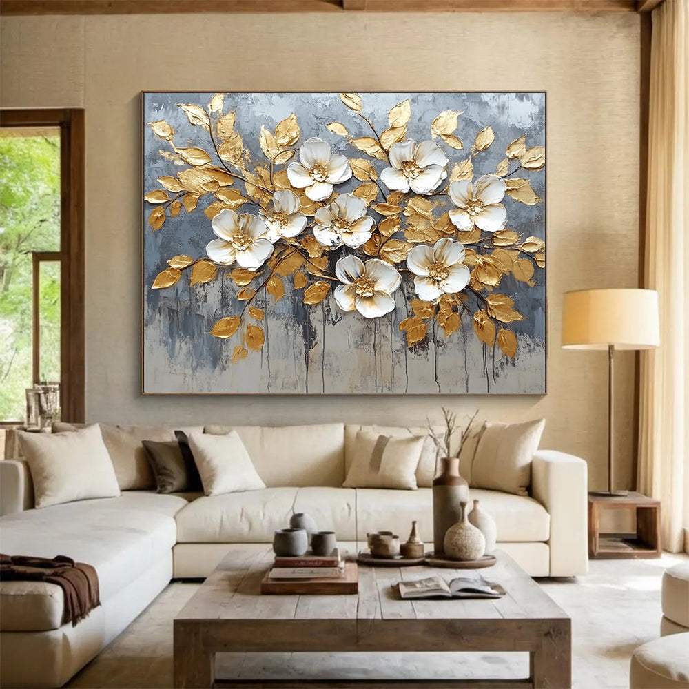 “Golden - Leafed White Flowers” - Gray background, gold leaves, white flowers, Textured Floral Painting On Canvas HB0586
