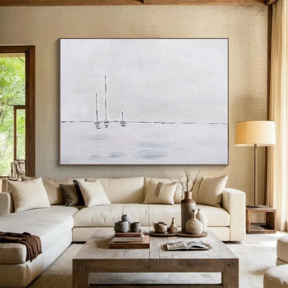 Minimalist Sailboats on Calm Sea - Serene Living Room Art DLZ261