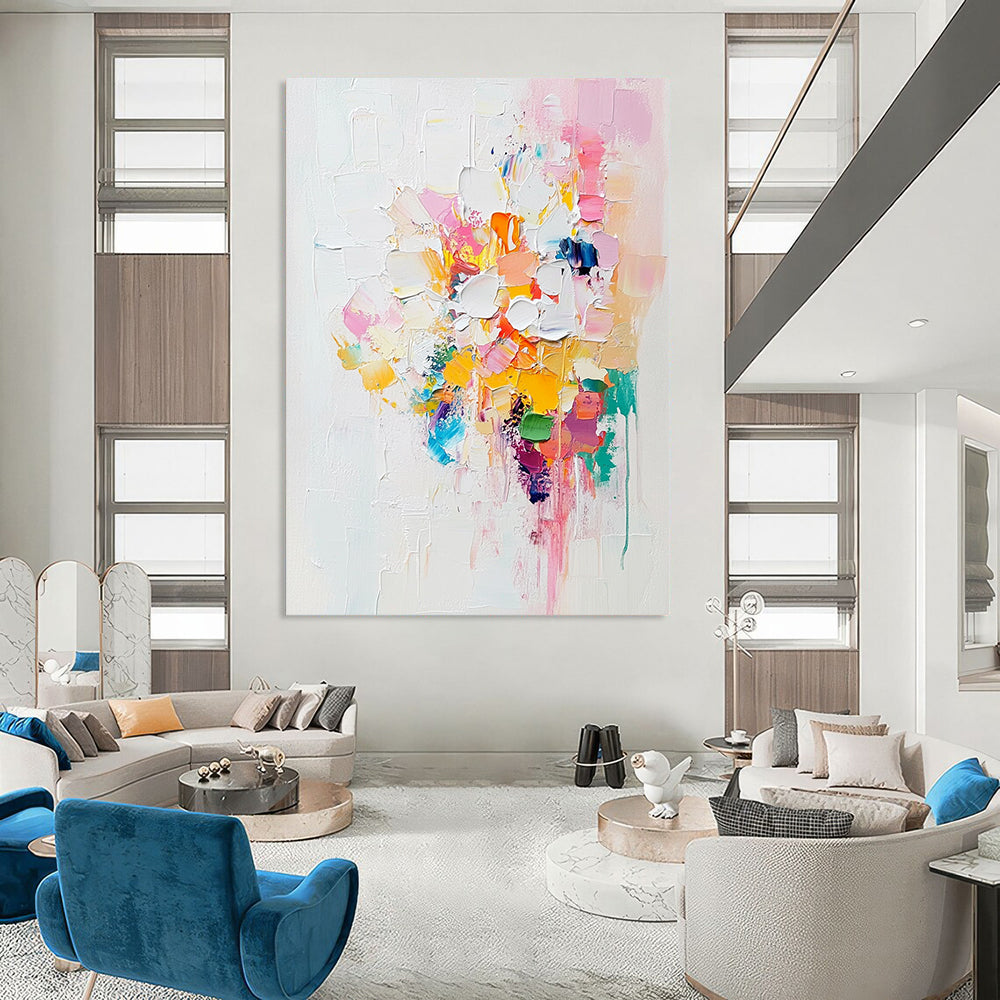Contemporary hand-painted abstract artwork with white and pastel colors enriched by vibrant accents and thick impasto brushstrokes. DLZ0519