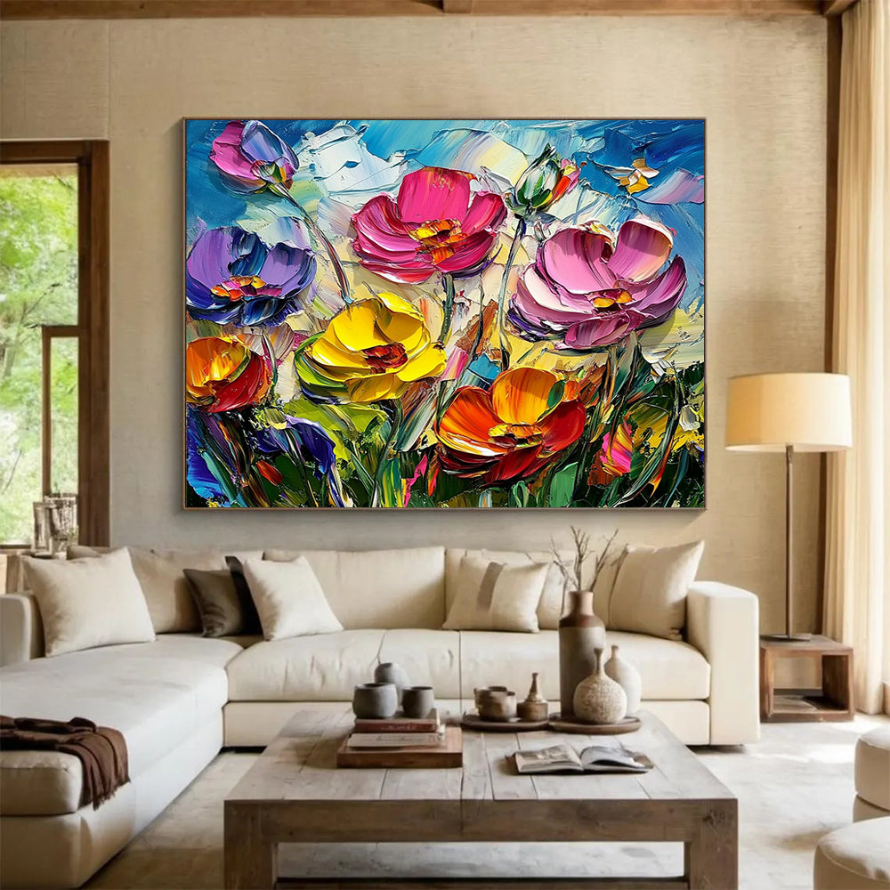 “Textured Colorful Poppy Field” - Pink, Purple, Yellow, Orange, Textured Poppy Blooms - Impasto Acrylic Painting HB1641